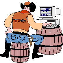 a light-skinned cowboy using a computer