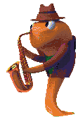 gumshoe gooper, a goldfish character from the game hypnospace outlaw, playing a saxophone