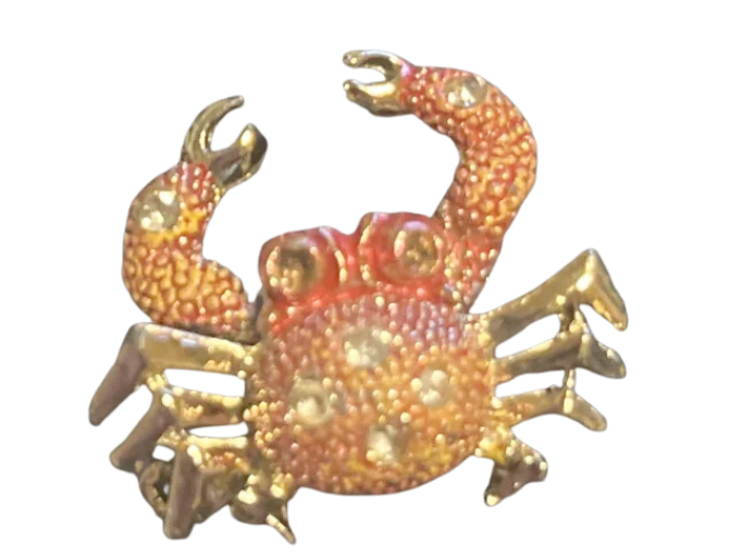 A bejeweled pin shaped like a crab.