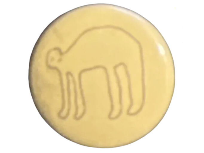 a button featuring a pencil drawing of an unknown four-legged creature.