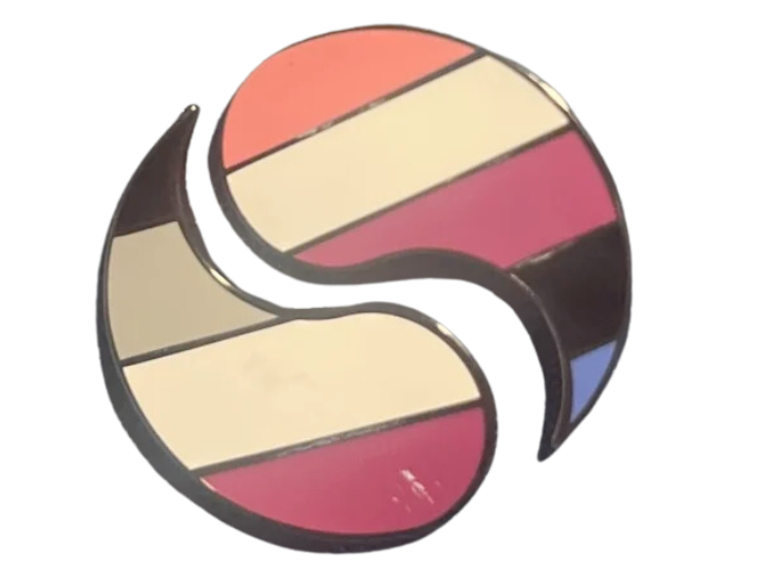 two pins in the shape of yin and yang. One is the asexual pride flag and one is the genderfluid pride flag.