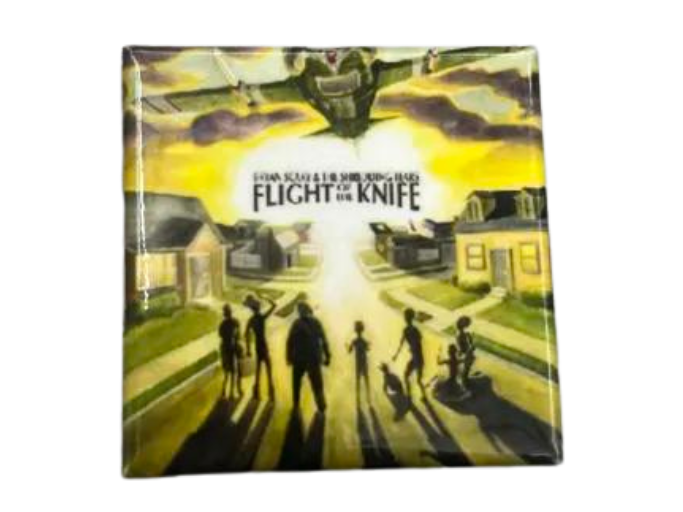 A square pin of the cover of Brian Scary's album, 'Flight of the Knife'