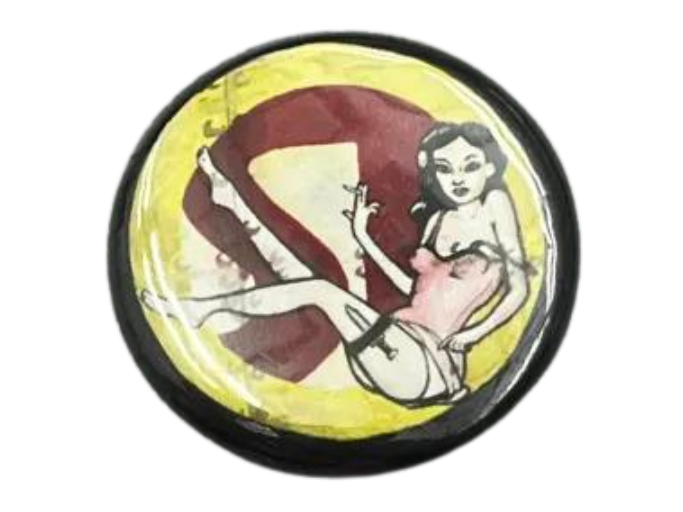 a button of the back of the album 'flight of the knife,' featuring a woman in lingerie