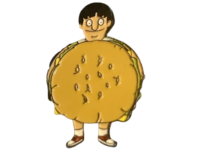 a pin of Gene from Bob's Burgers wearing a burger costume.