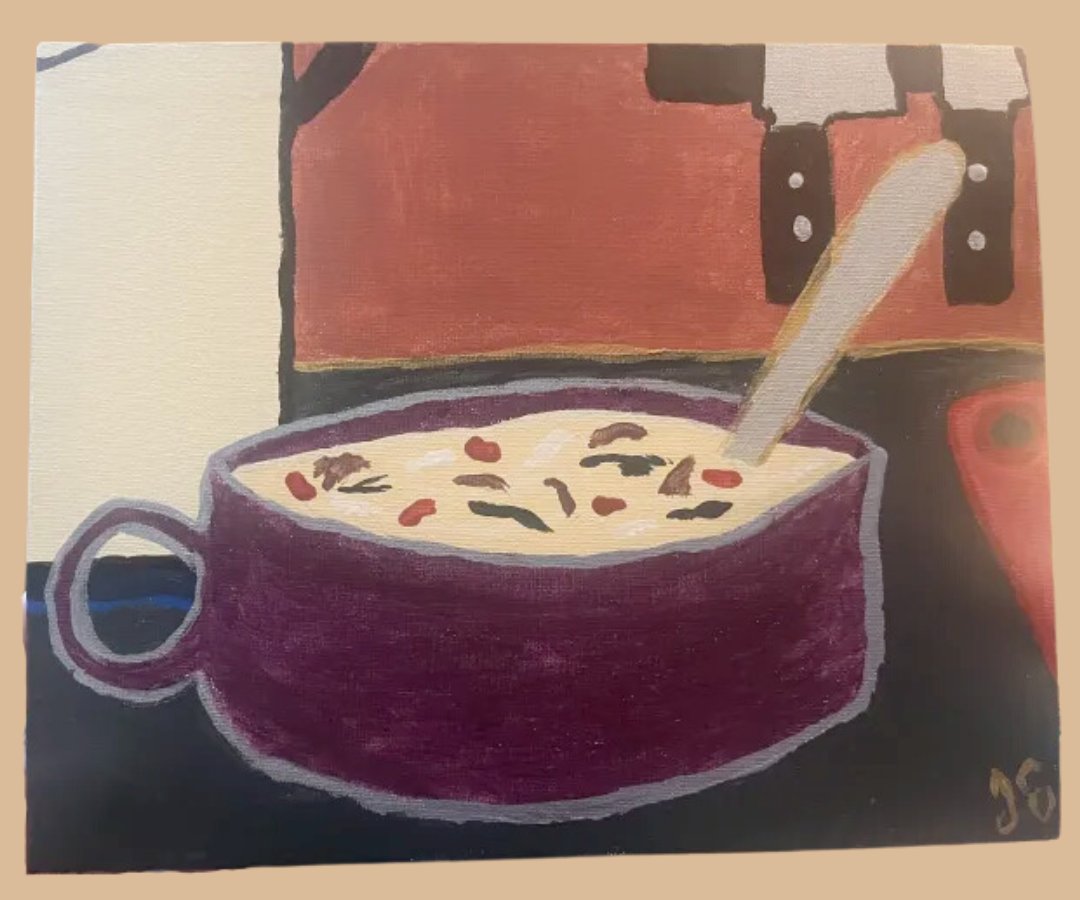 A painting of a light-colored soup in a purple bowl. The bowl sits on a kitchen counter with a knife rack, a cutting board, and a stock pot in the background.